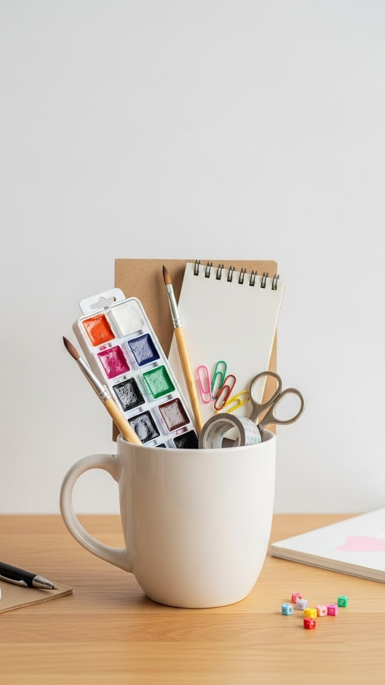 Plain white ceramic mug brimming with miniature watercolor palette, brushes, washi tape, paper clips, and sketch pad on craft paper