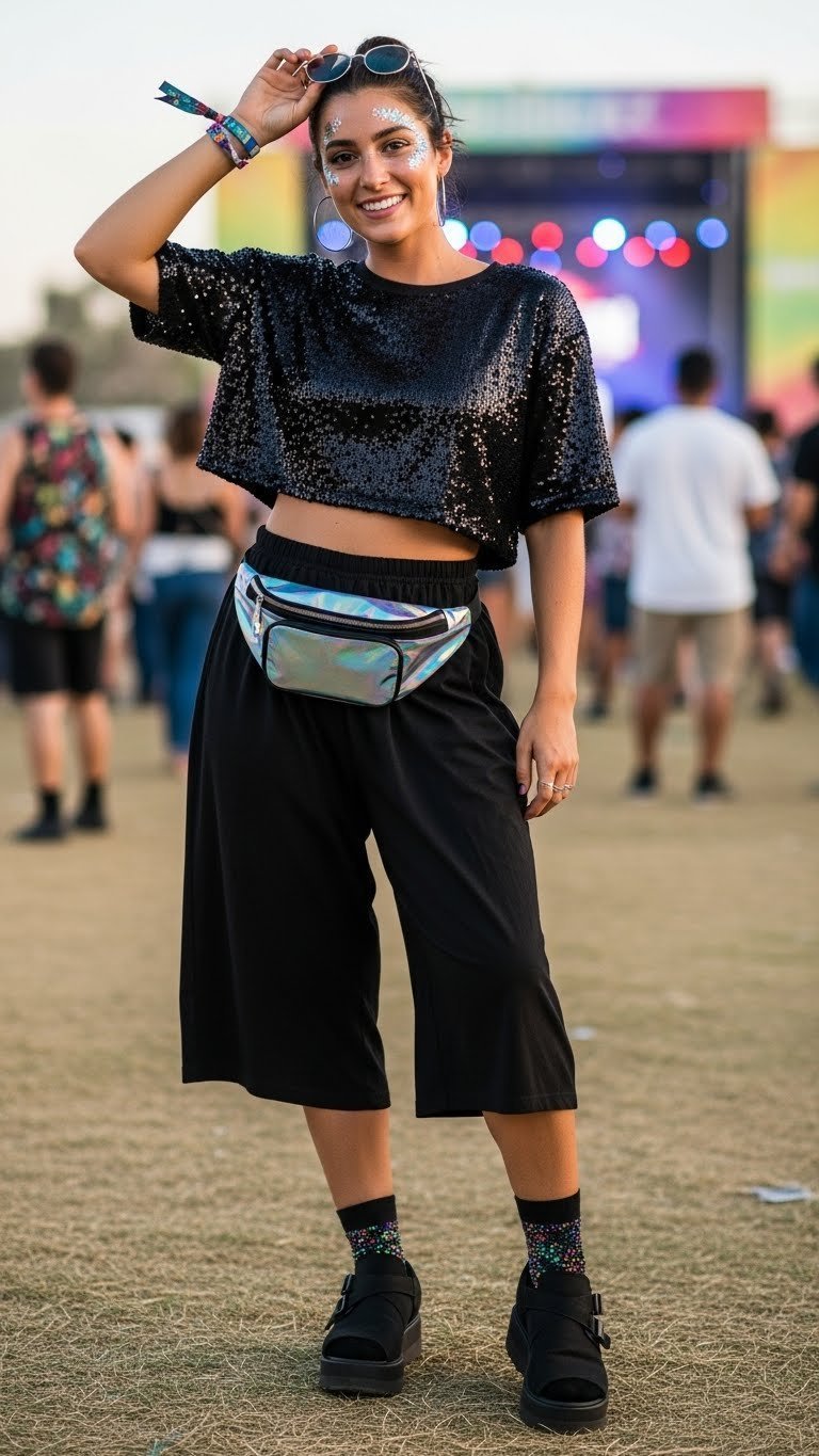 Playful person wearing sparkling black sequin crop top with flowy shorts and platform sandals at outdoor festival