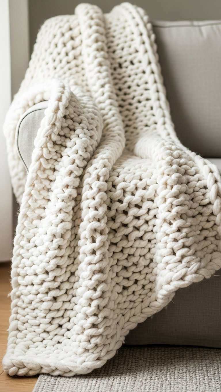 Black Coffee Rain Aesthetic: 11 Elements for Perfect Mood 7 Plush cream-colored chunky knit blanket draped over a linen-upholstered armchair in a soft neutral-toned setting