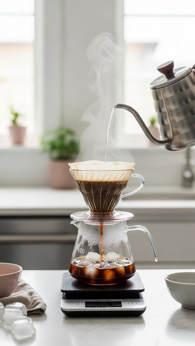 Pour-over action with gooseneck kettle pouring water into V60 dripper over ice-filled server