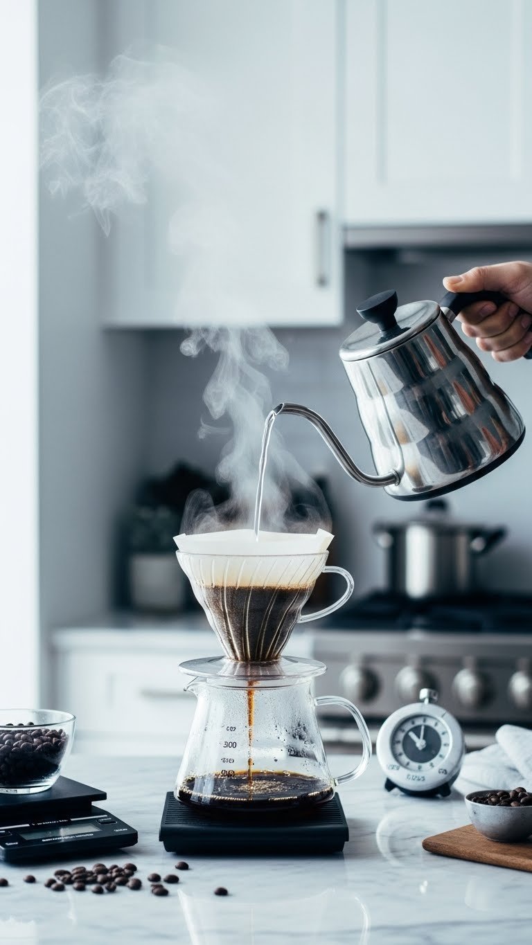 Pour-over black coffee brewing with gooseneck kettle over coffee grounds into clear carafe on marble countertop