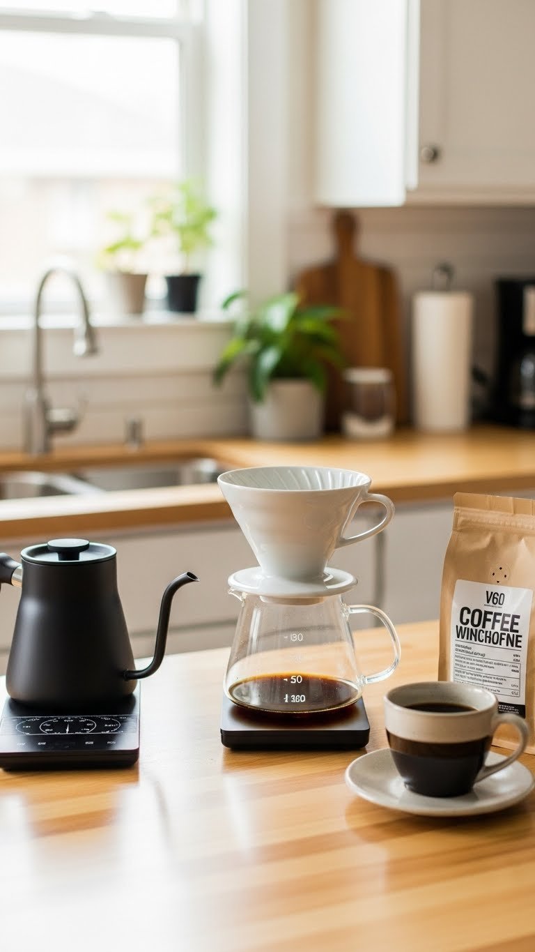 Pour over black coffee setup: V60 dripper, gooseneck kettle, coffee scale, whole beans on wood counter.