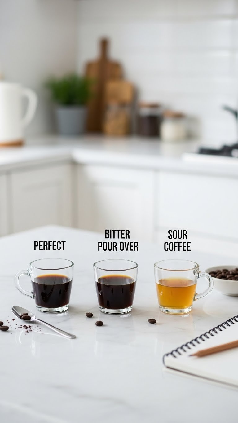 Pour over coffee samples (perfect, bitter, sour) on white for troubleshooting.