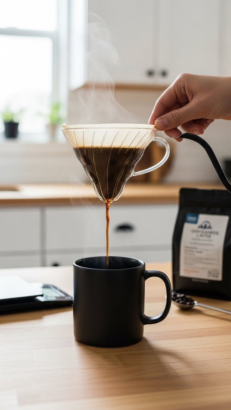Pour-over coffee setup with black coffee dripping into a modern mug on light wooden countertop