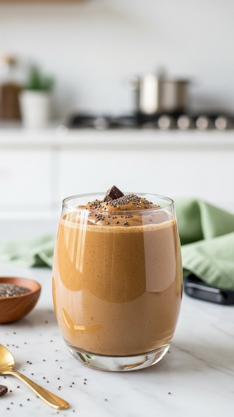 Power-packed keto coffee protein smoothie with chia seeds and dark chocolate garnish on marble countertop in modern kitchen