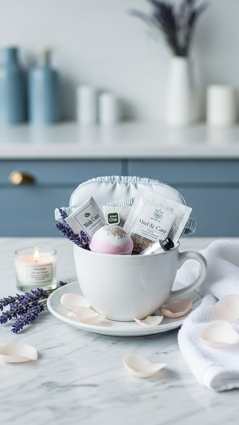 Pristine white coffee mug filled with bath bomb, tea bags, and self-care essentials on marble countertop