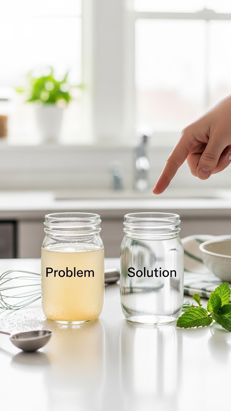 Problem and solution peppermint syrup jars showing cloudy versus clear texture comparison