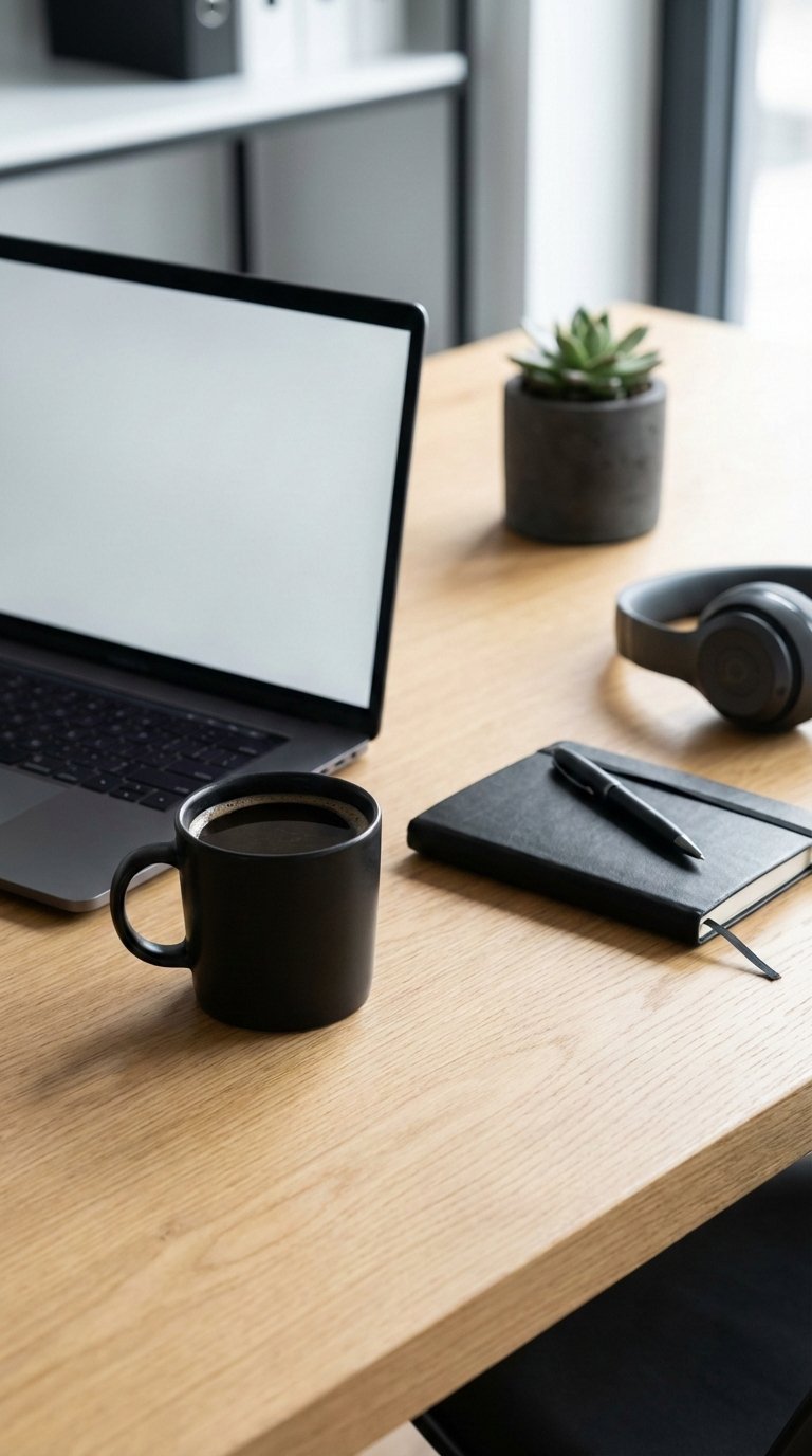 Productivity workspace with dark coffee cup next to sleek laptop on minimalist desk in bright daylight