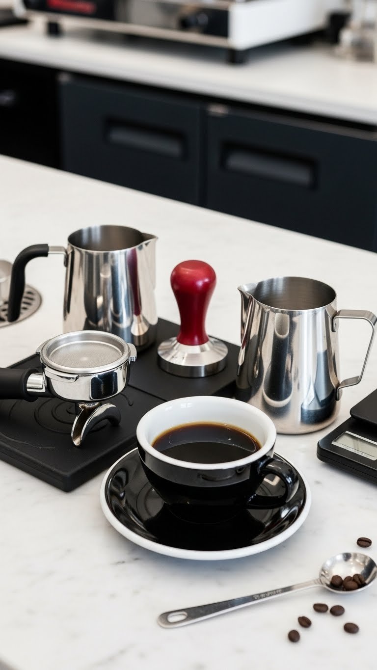 Professional barista tools arranged with coffee cup on marble countertop
