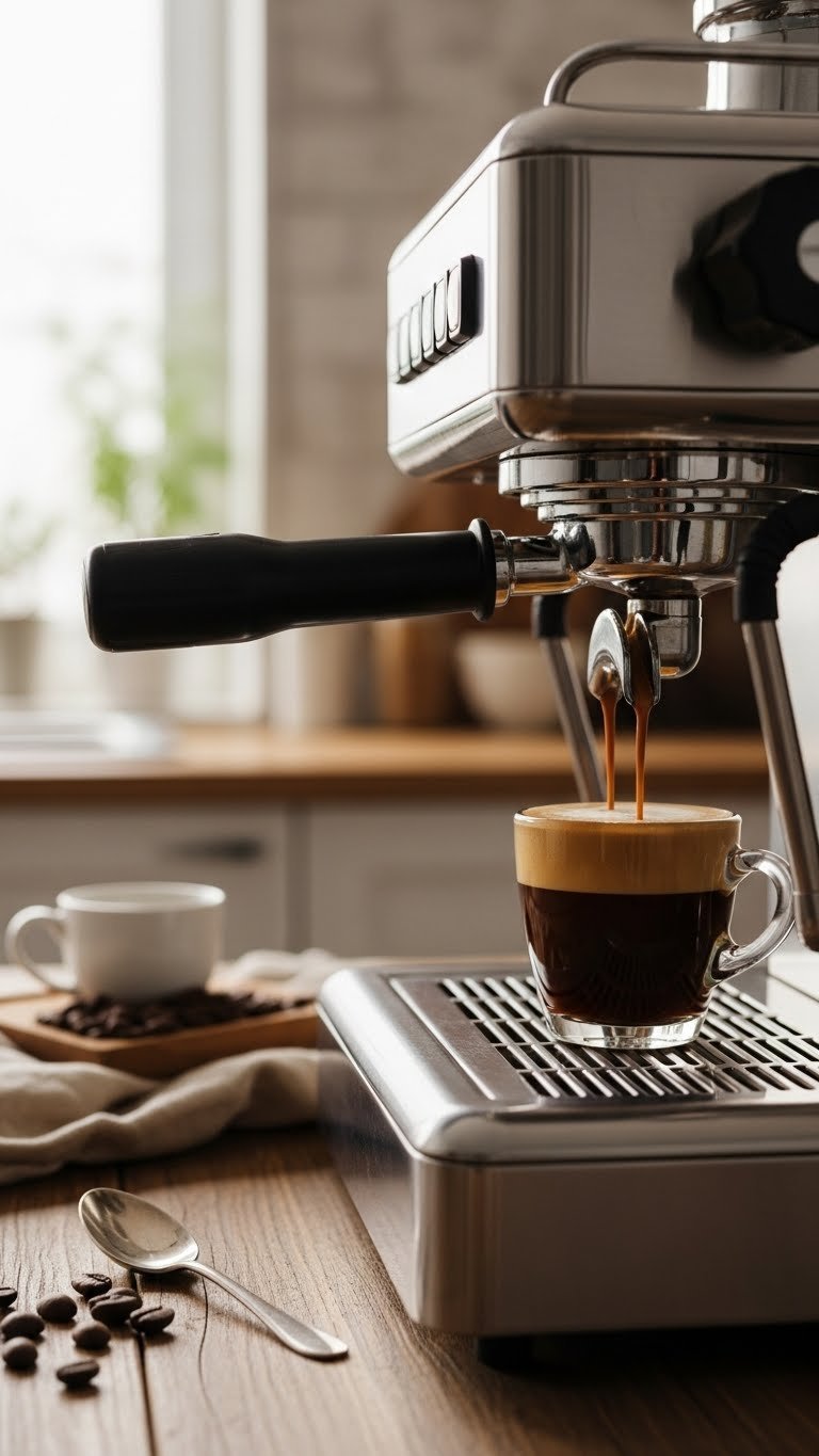 Professional close-up of espresso machine brewing rich dark espresso with golden crema into elegant demitasse cup on rustic wooden countertop