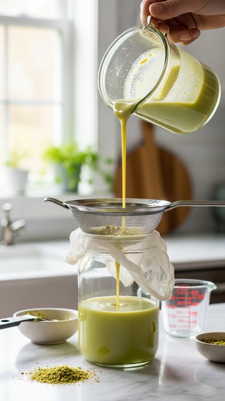 Professional close-up of pale green pistachio syrup being strained through fine-mesh sieve into clean glass jar