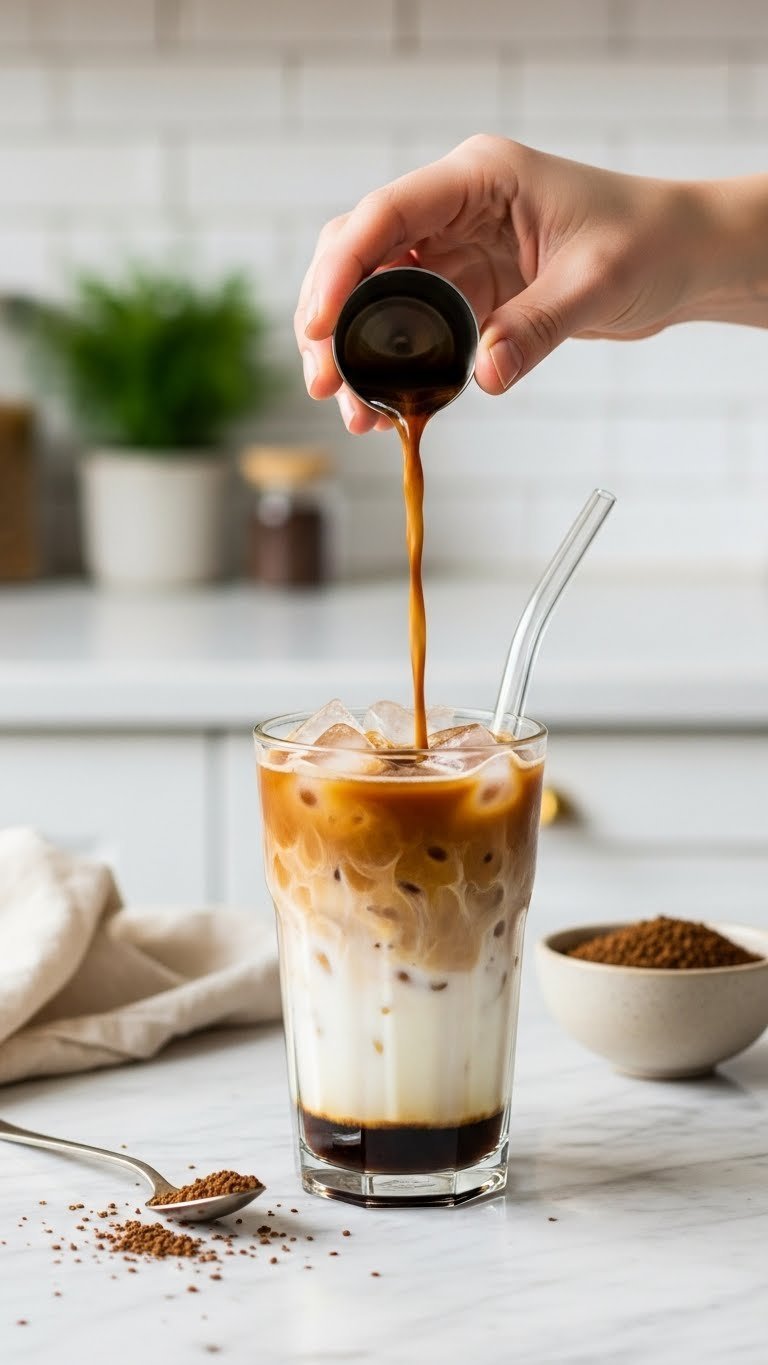 Professional close-up photo of instant iced coffee with gradient layers in tall glass on marble countertop with natural lighting