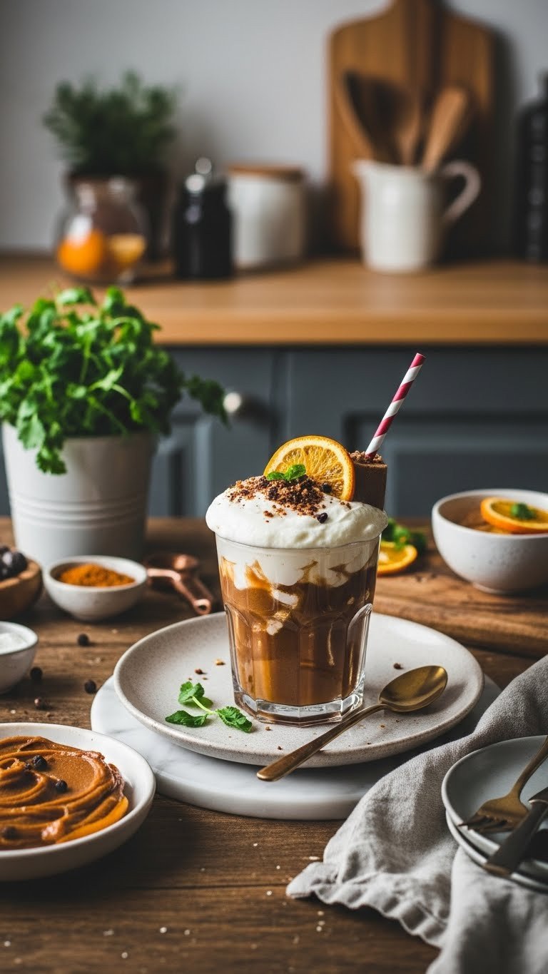 Creamy Espresso Protein Coffee Recipe To Fuel Your Day 13 Professional lifestyle photograph of a Salted Caramel Espresso Shake styled with moody lighting and deep warm colors on a textured surface