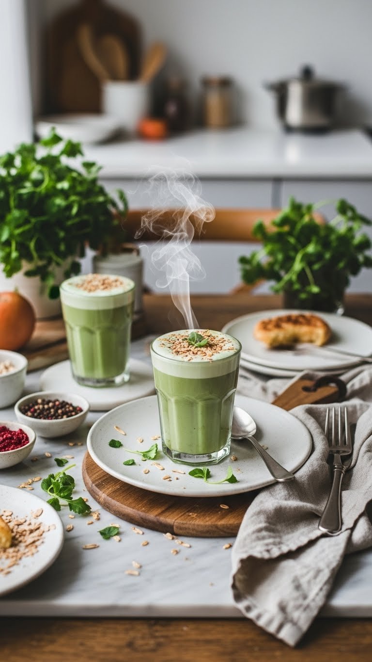 Creamy Espresso Protein Coffee Recipe To Fuel Your Day 11 Professional lifestyle photograph of a Vegan Oat Milk Espresso Protein Shake on a textured surface with fresh ingredients and natural light