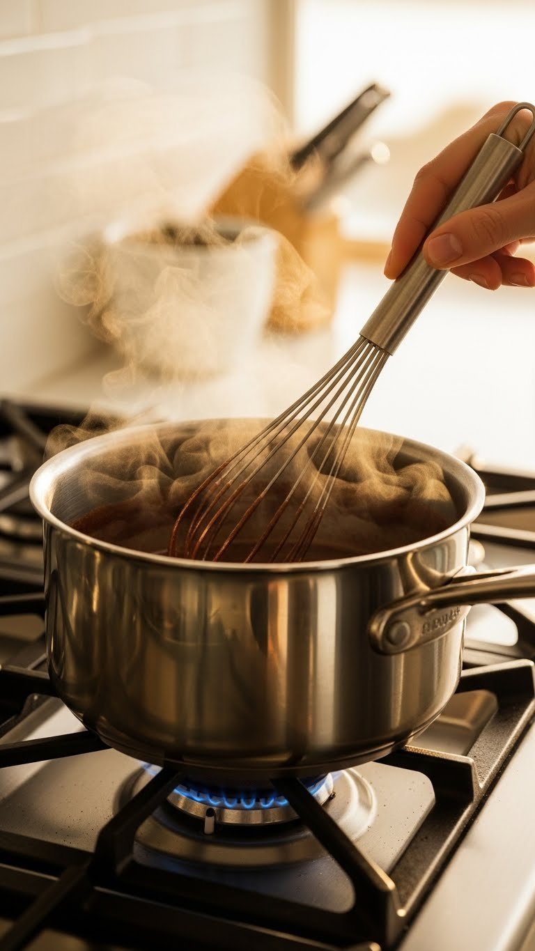 Professional photo of dark chocolate syrup base being whisked in stainless steel saucepan on gas stove with steam rising