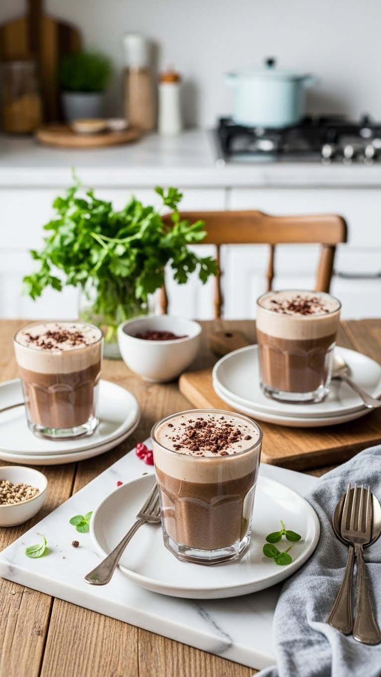 Creamy Espresso Protein Coffee Recipe To Fuel Your Day 5 Professional photograph of a Mocha Espresso Protein Power Smoothie styled on a rustic surface with bright airy natural lighting