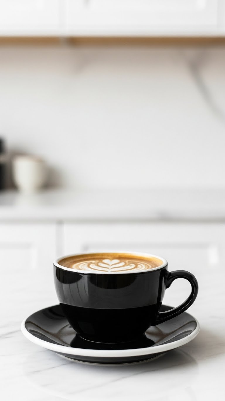 Professionally processed black coffee image with enhanced contrast on clean white marble countertop