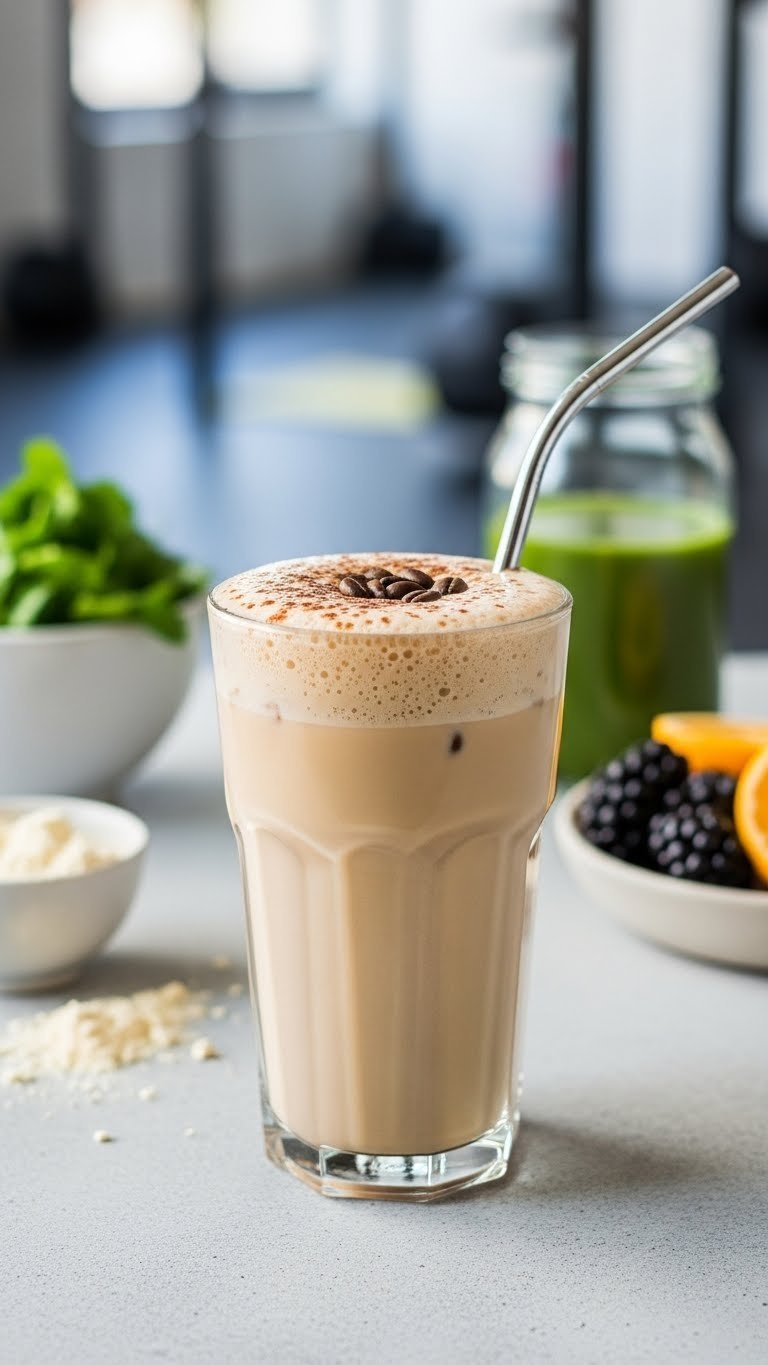 Protein-boosted almond milk iced coffee in minimalist glass with metal straw on concrete surface