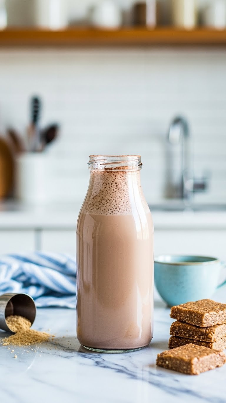 Protein keto coffee smoothie in stylish glass bottle on marble countertop with collagen powder garnish
