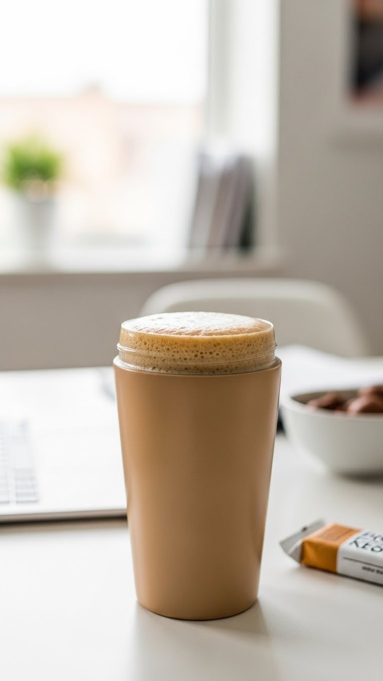 Protein-packed keto coffee in sleek travel mug with frothy top on desk with laptop and protein bar