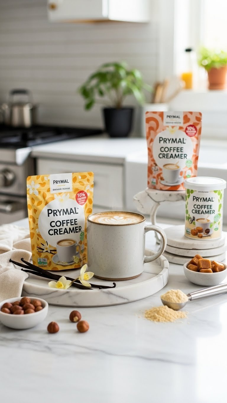 Prymal Coffee Creamer tubs arranged around steaming coffee mug with flavor powder pile on marble tray