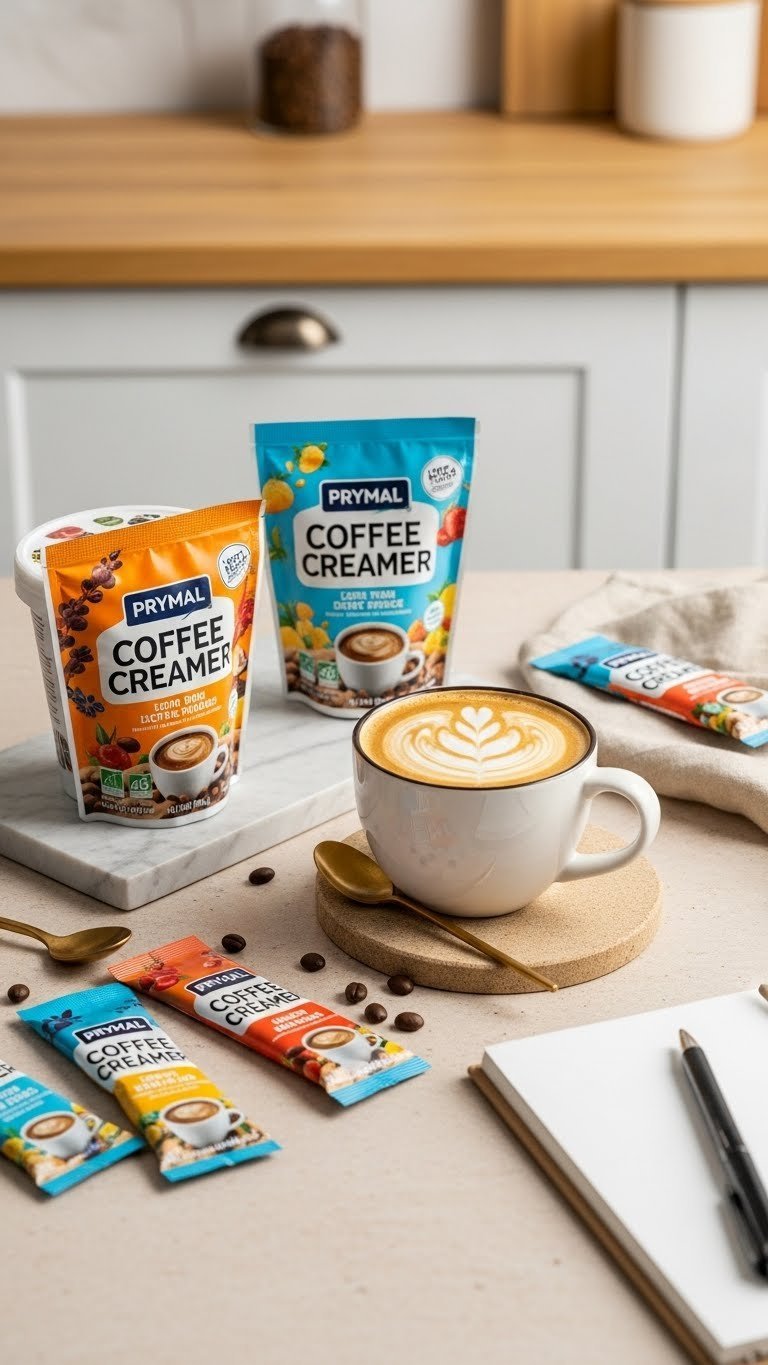 Prymal coffee creamer sachets arranged in flat lay next to frothed coffee mug on wooden table