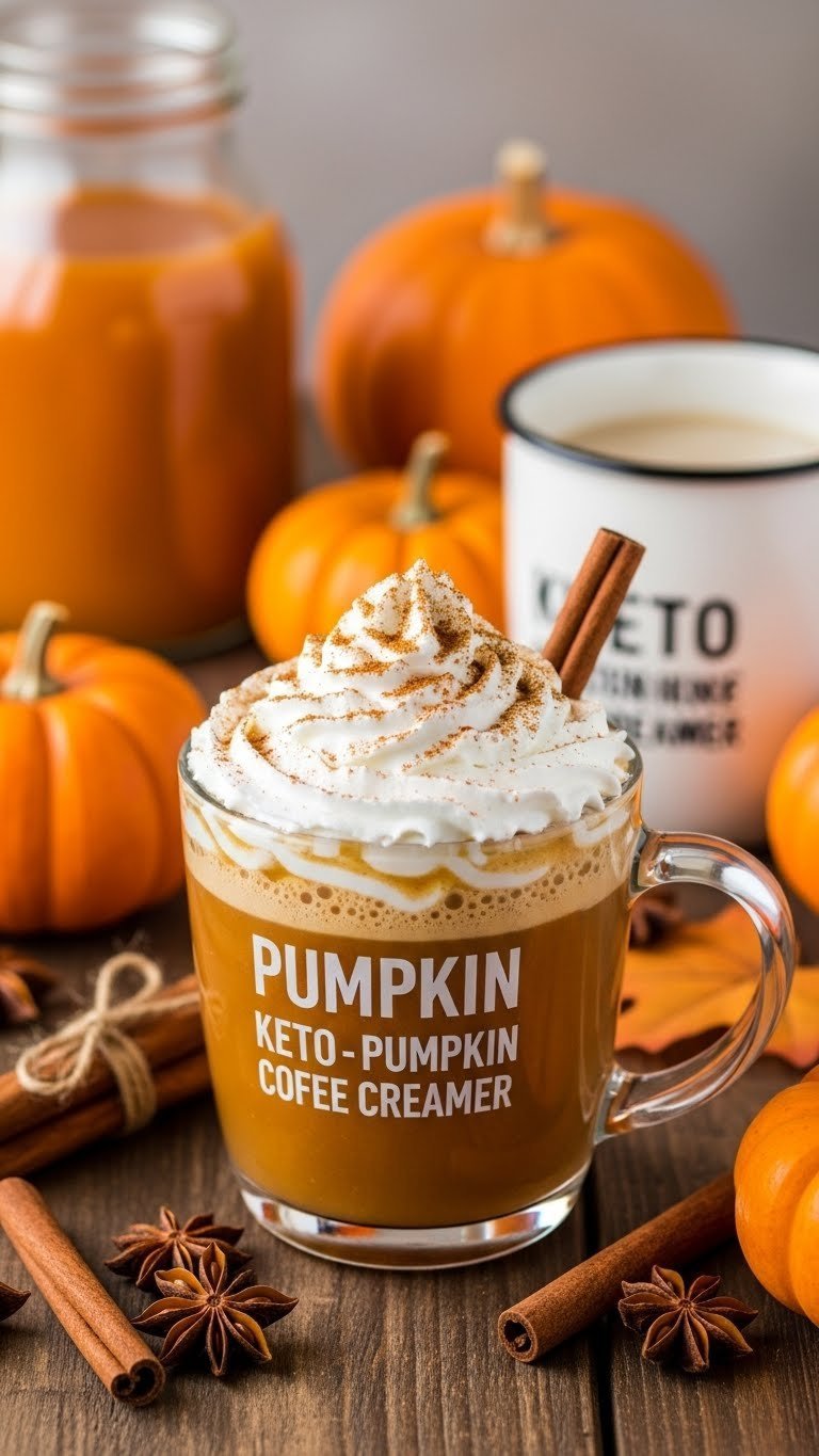 Pumpkin keto coffee creamer with whipped topping and pumpkin pie spice on rustic wooden fall table