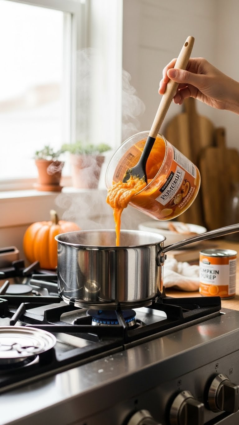 Pumpkin puree being stirred into simmering sugar-water mixture for pumpkin coffee syrup in stainless steel saucepan on stovetop.