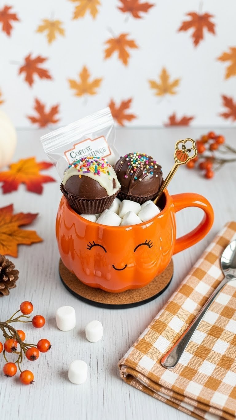 Pumpkin-shaped ceramic mug featuring gourmet hot chocolate bombs, mini marshmallows, and decorative spoon in bright flat lay arrangement.