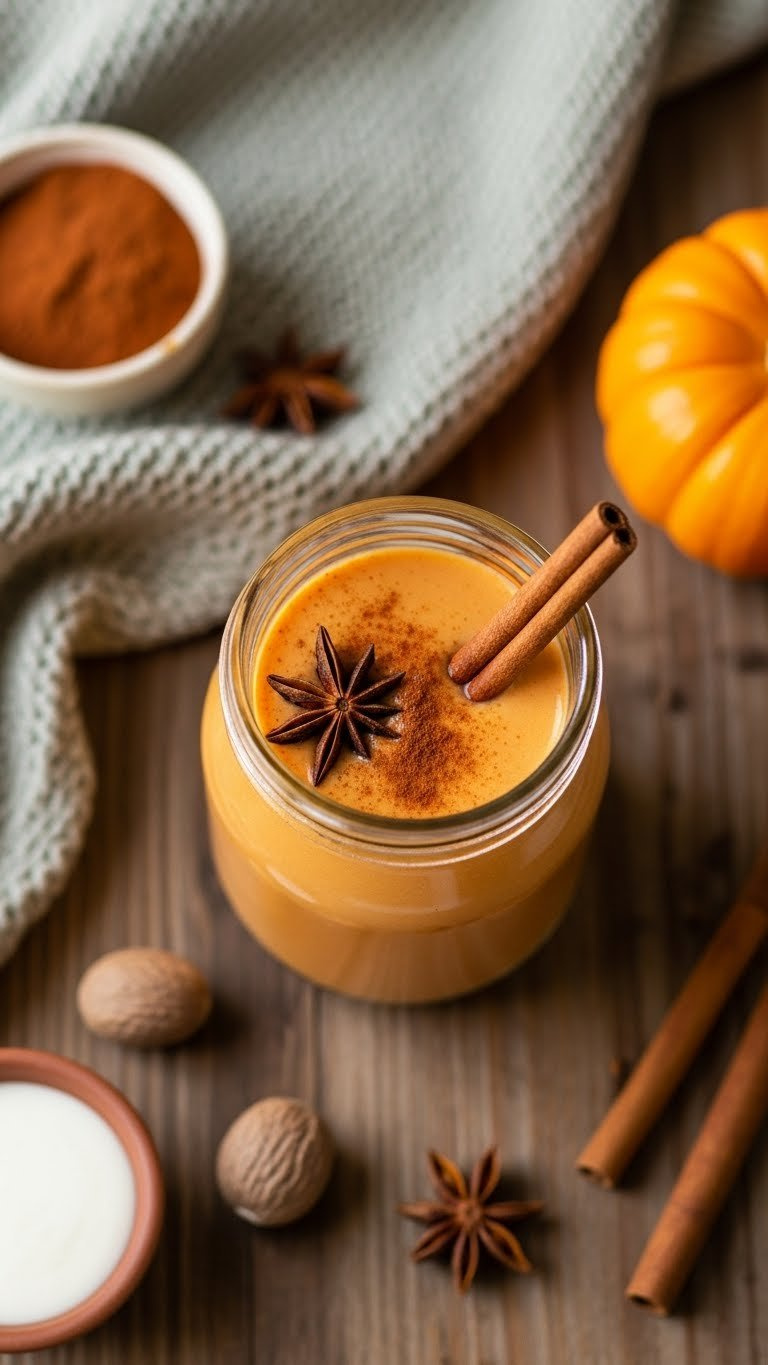 Pumpkin spice keto creamer in glass jar with cinnamon sticks and decorative pumpkin on rustic table