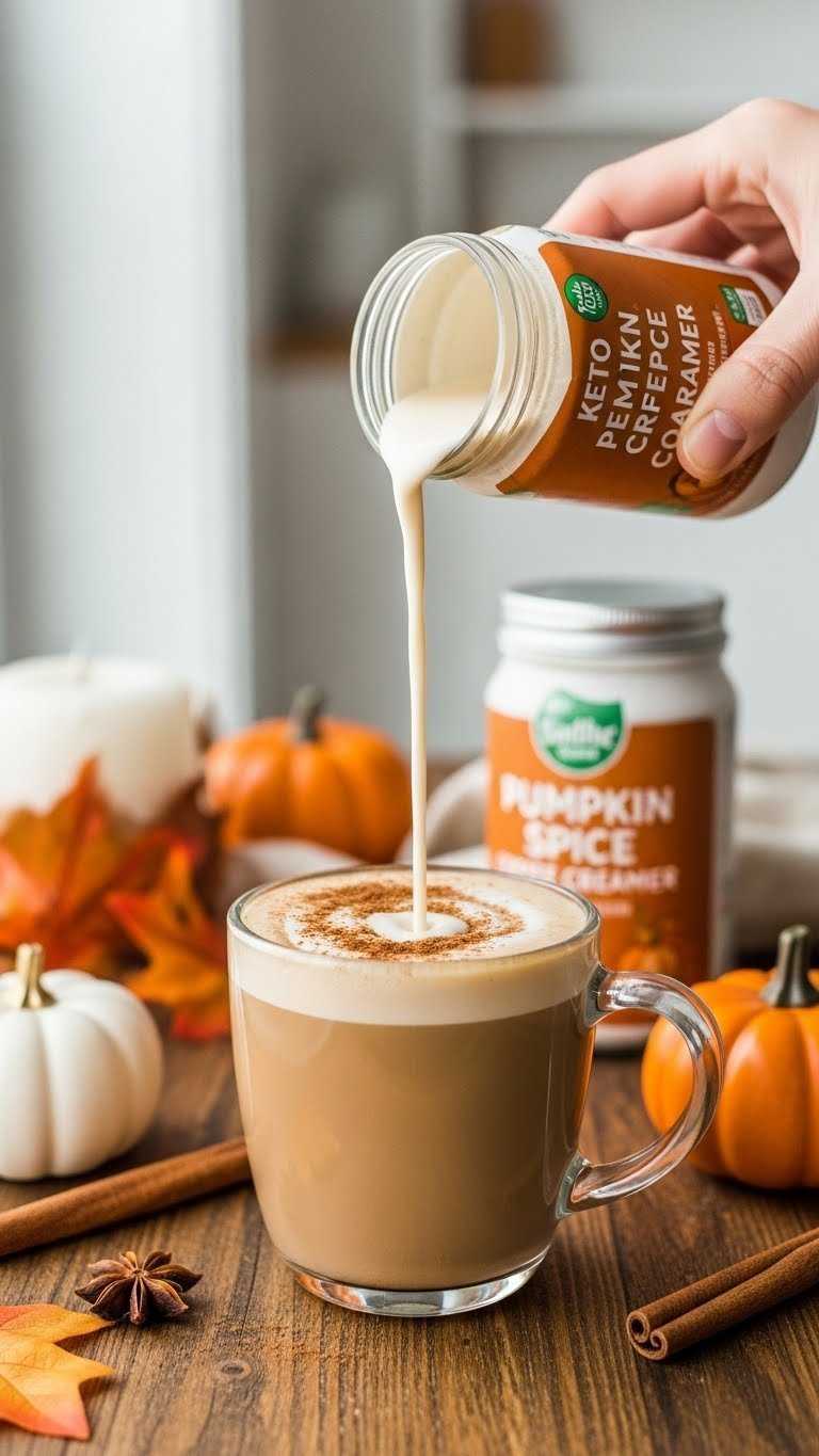 Pumpkin spice keto creamer poured into cozy coffee mug with cinnamon sprinkle and autumnal decor on rustic table