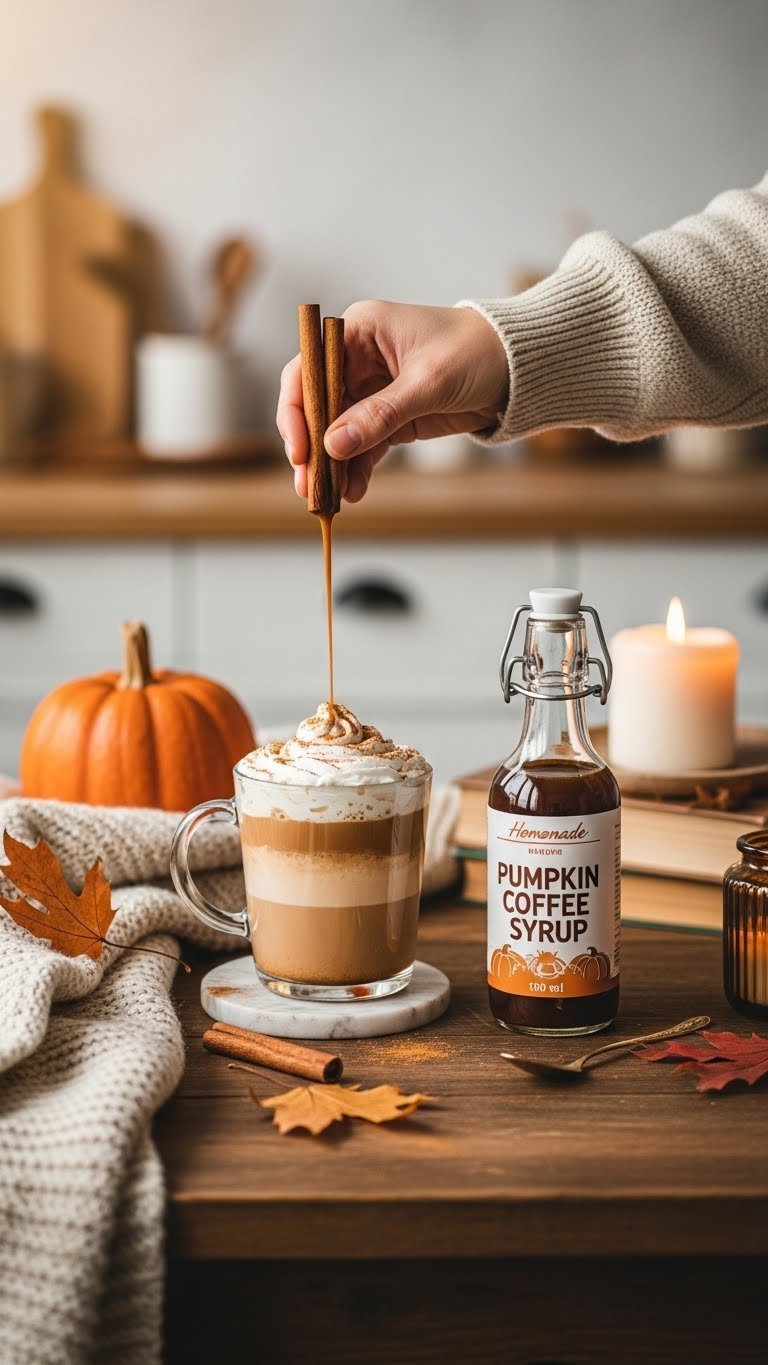Pumpkin spice latte in glass mug topped with whipped cream and cinnamon next to homemade pumpkin coffee syrup bottle in autumn setting.
