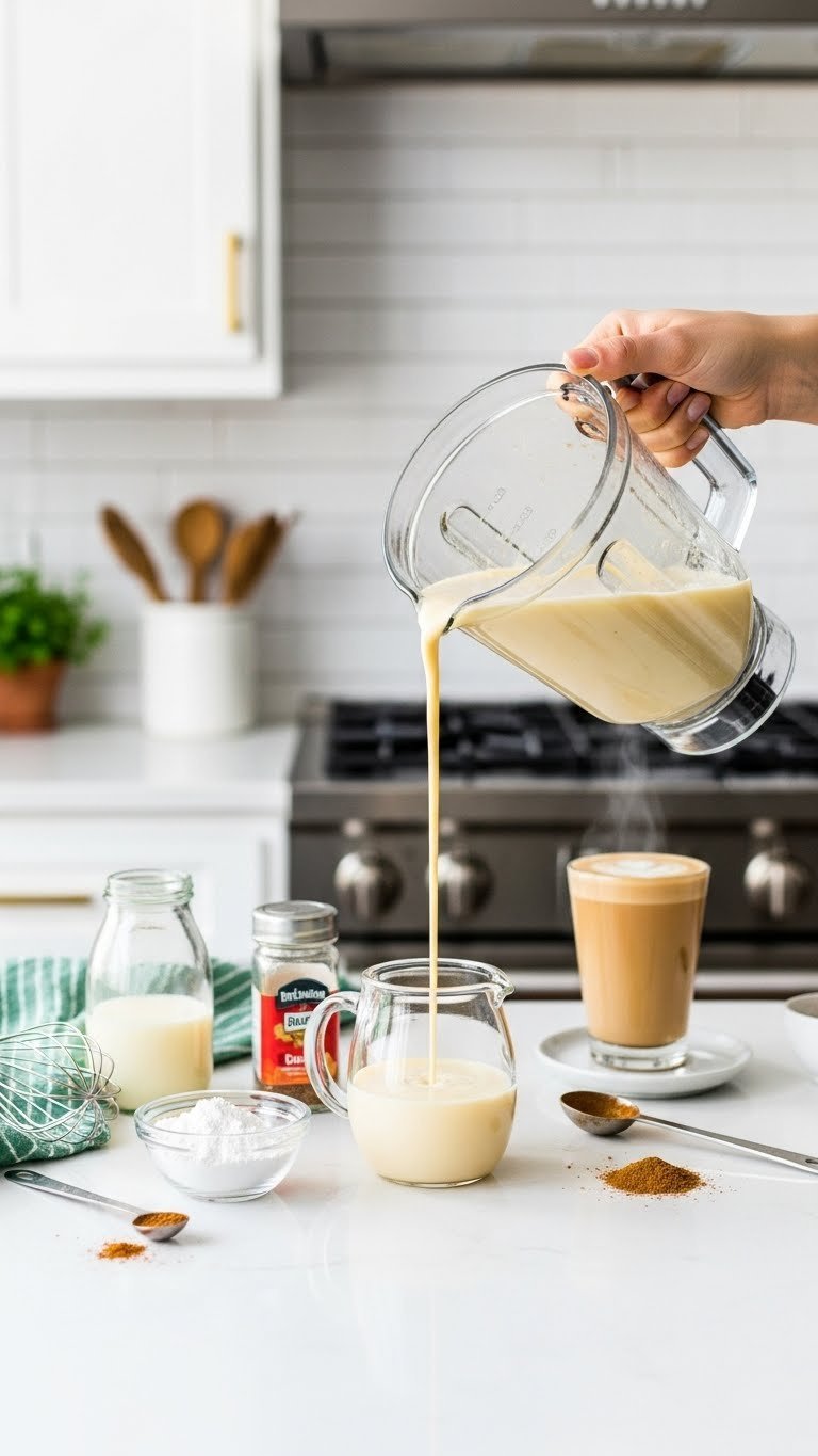 Quick 5-minute eggnog coffee syrup pouring from blender jug with simple ingredients on white kitchen counter