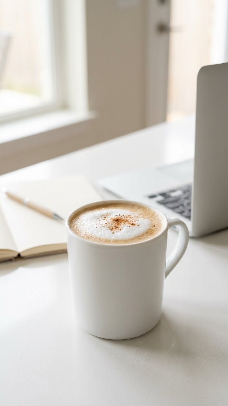 Quick chai latte from concentrate with frothy milk in a modern mug on a white countertop in an office setting.