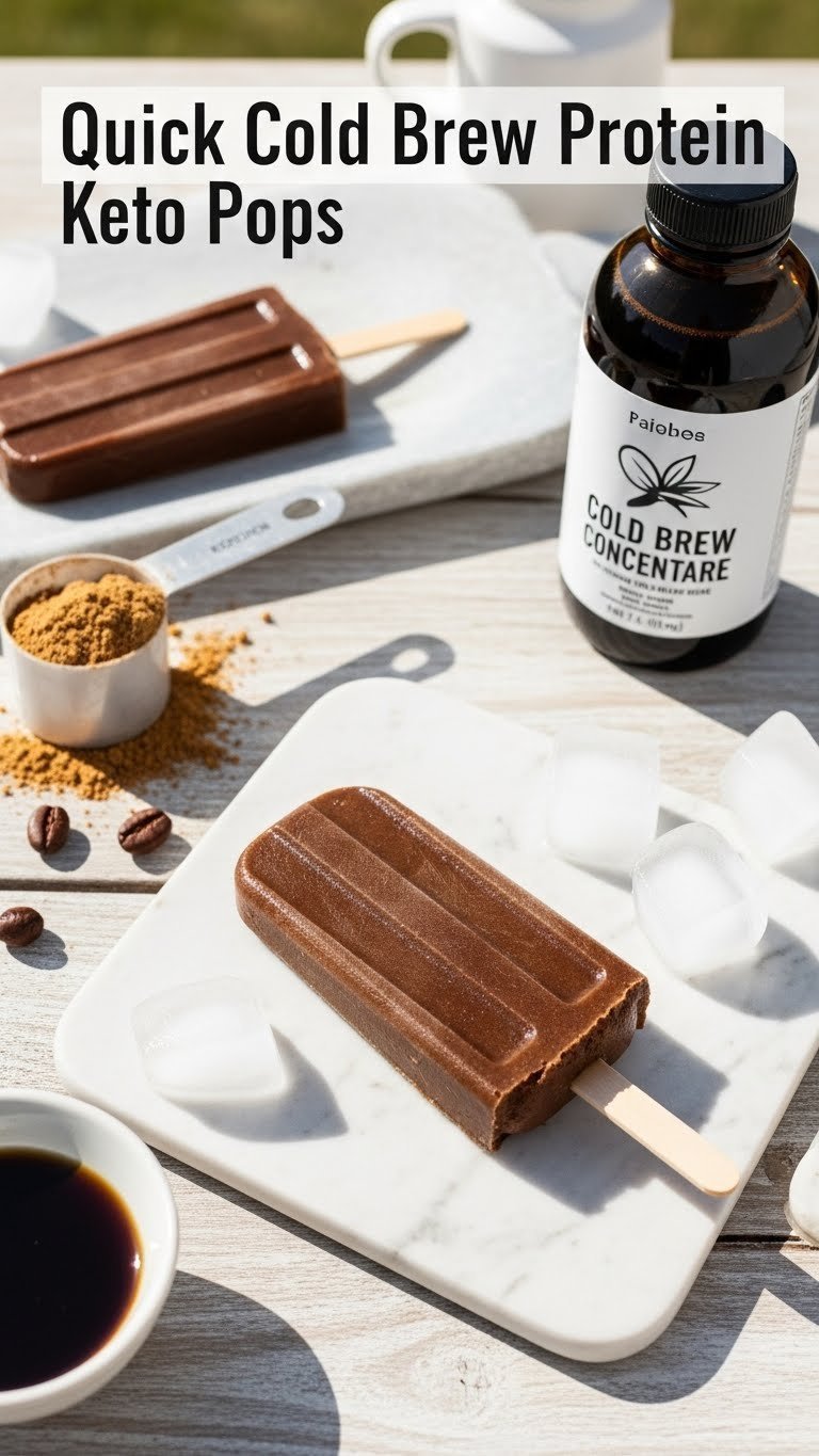 Quick cold brew protein keto popsicle with dense texture on light rustic wood table