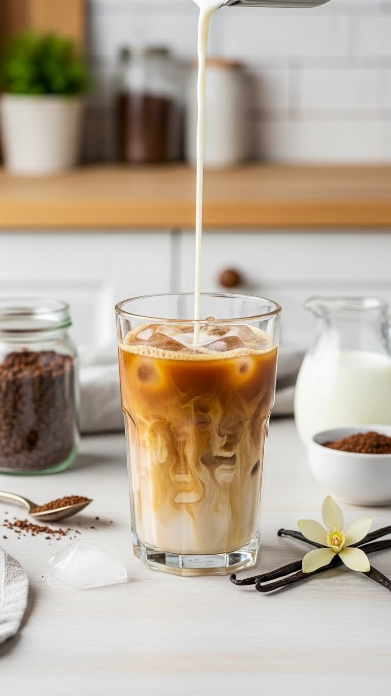Quick easy iced vanilla coffee made with instant coffee featuring caramel-brown color and milk swirls on light wood