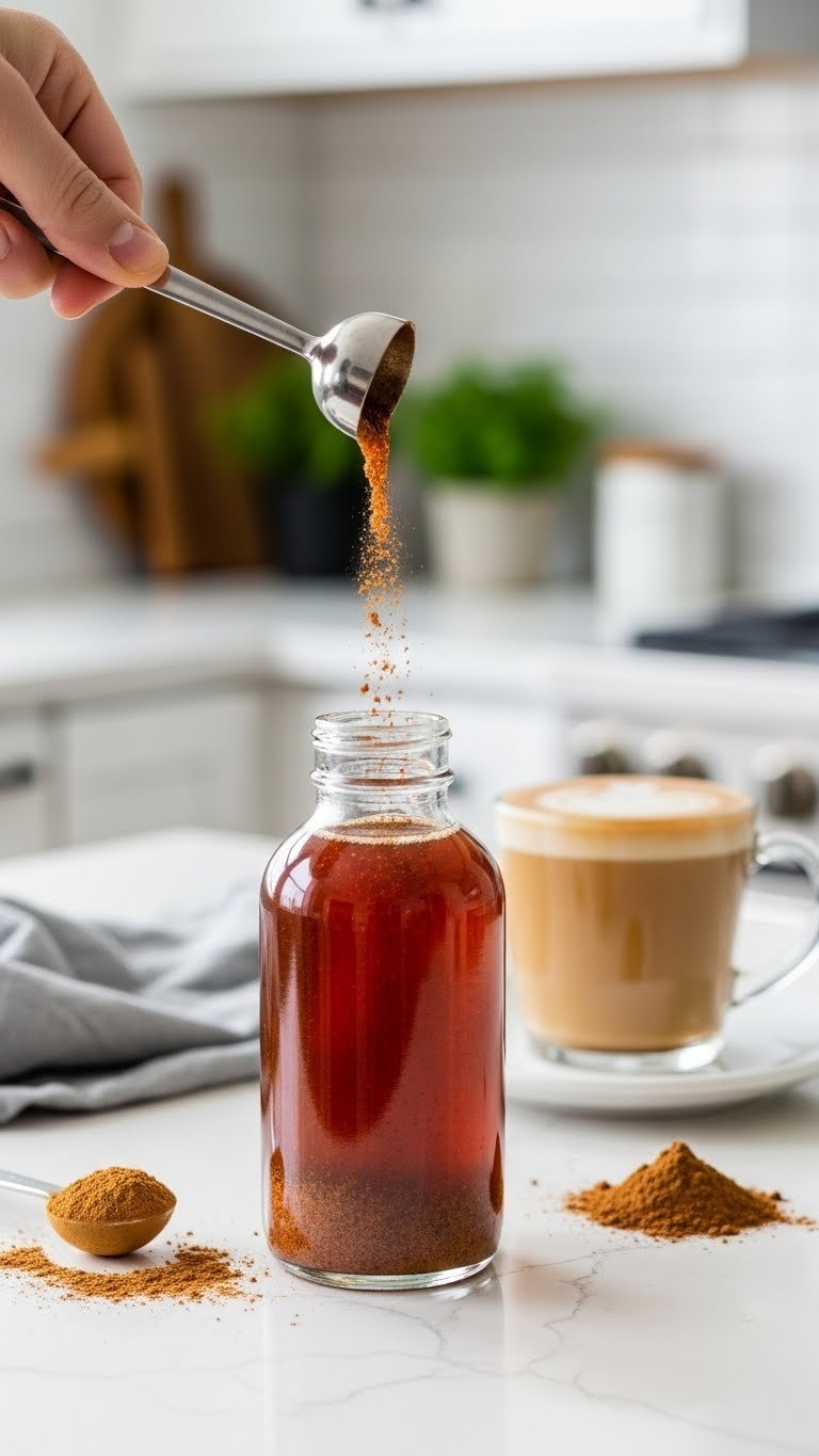 Quick ground cinnamon coffee syrup bottle with suspended cinnamon particles next to modern coffee mug.