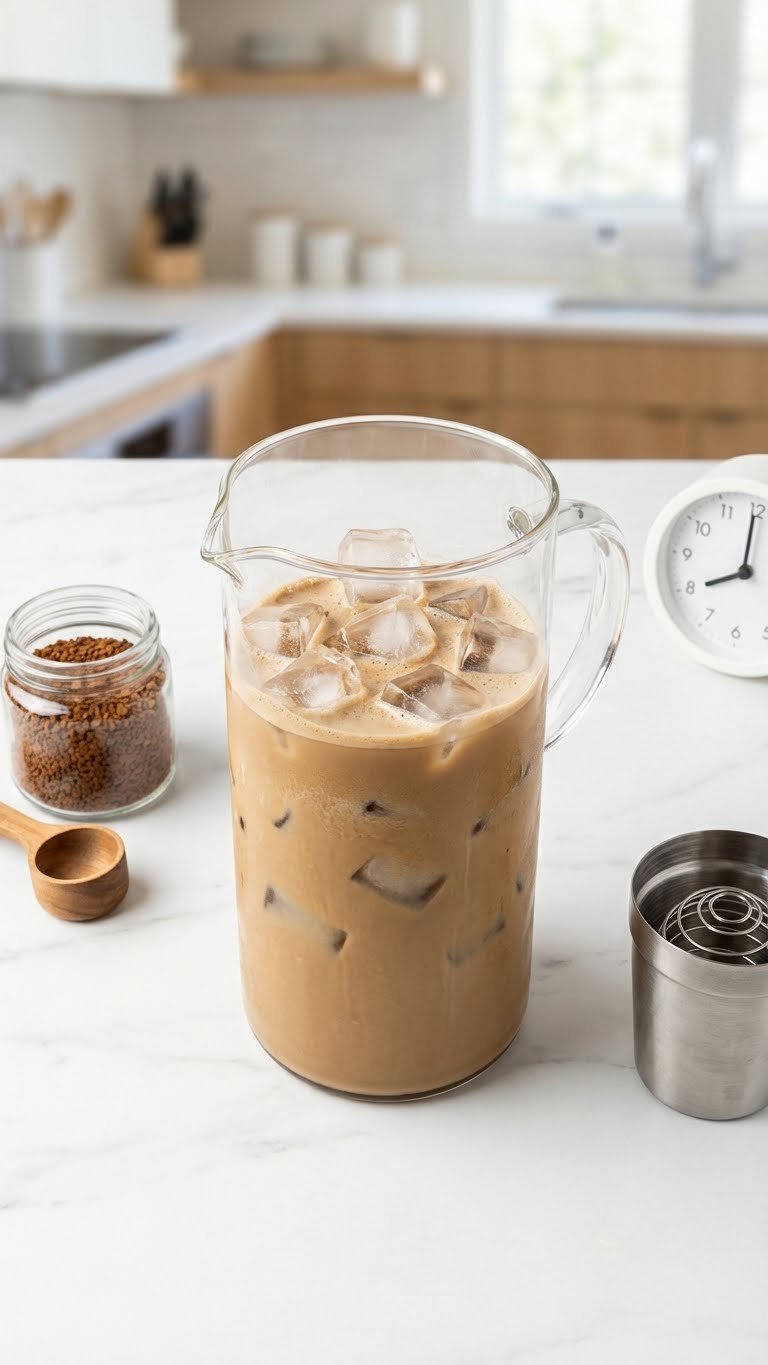 Iced Protein Coffee: 7 Proven Recipes & Expert Tips 13 Quick iced instant coffee protein drink, smoothly blended with prominent ice cubes, in a clear glass.