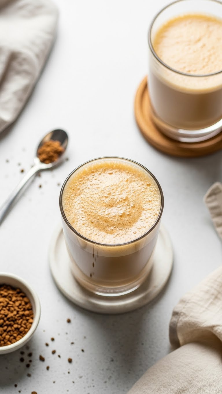 Quick instant coffee blended drink with frothy texture on light stone surface with minimalist coaster and spoon.