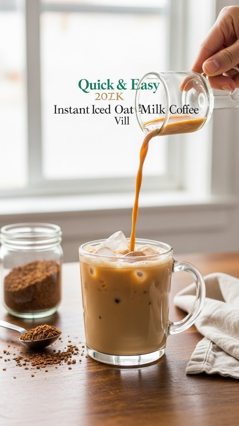 Quick instant iced oat milk coffee in sturdy glass mug with uniform brown color and ice cubes