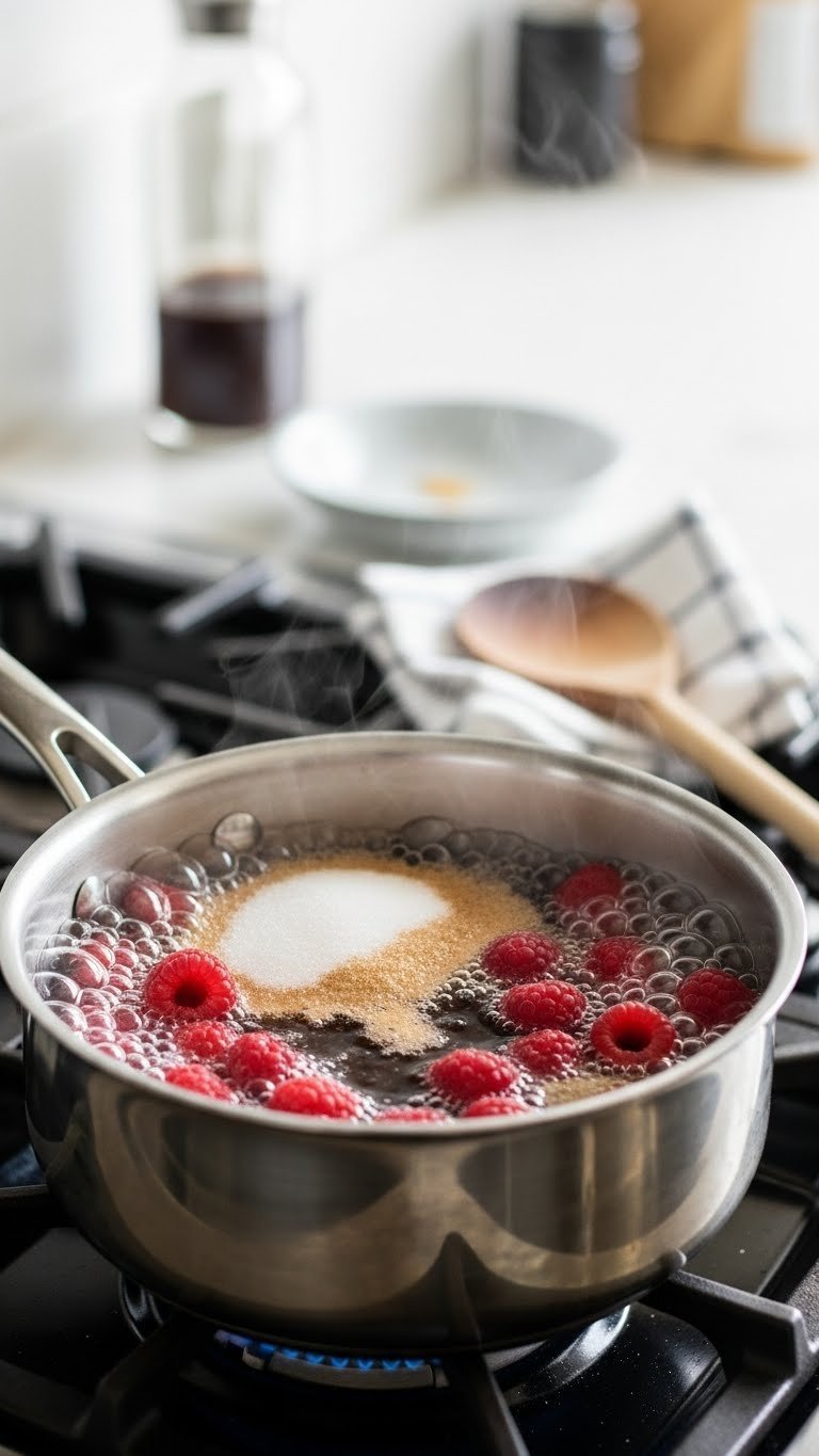 Raspberries simmering with sugar and water in stainless steel saucepan for homemade raspberry syrup cooking process