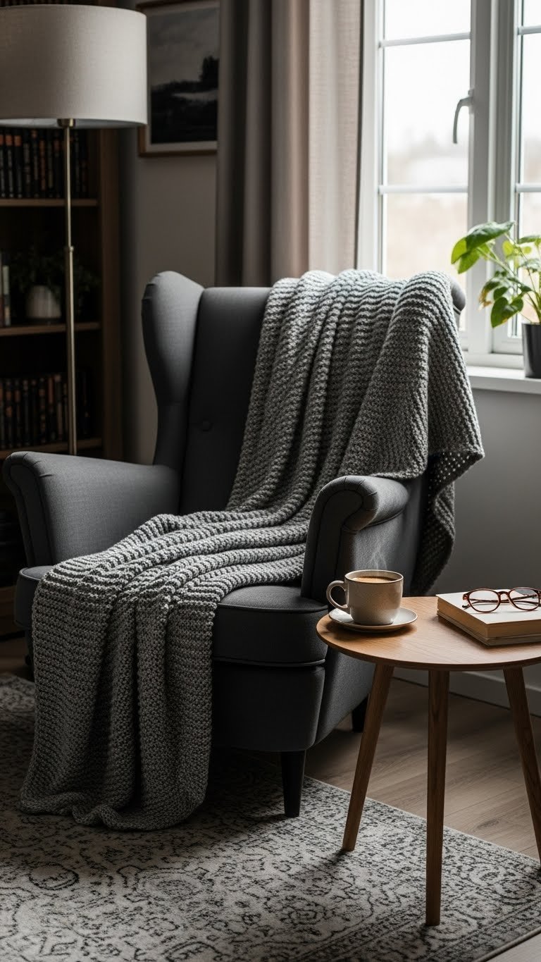 Reading nook with dark gray armchair, chunky blanket, side table with coffee mug and book by window