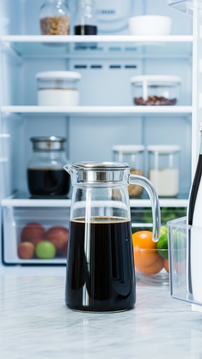 Ready-to-use cold brew concentrate stored in airtight glass pitcher inside clean refrigerator