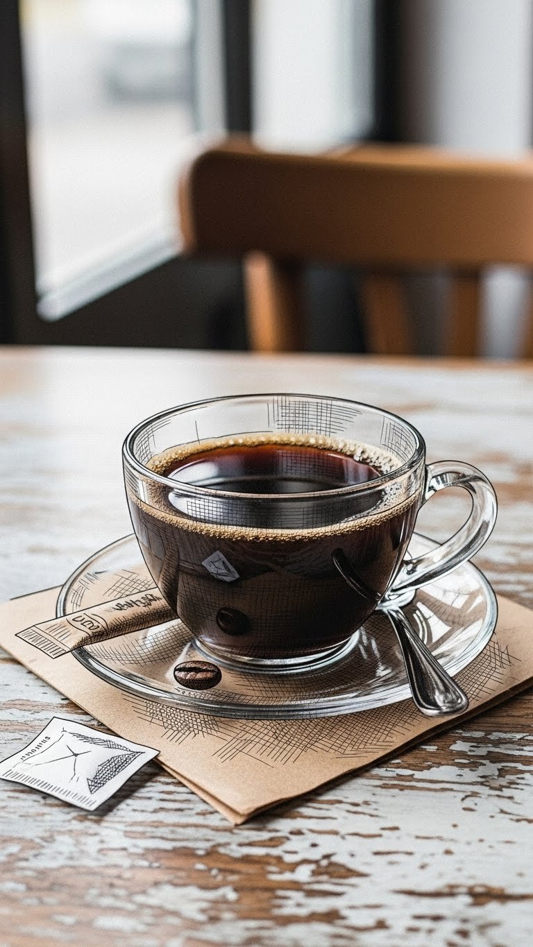 Realistic black coffee ink sketch with crosshatching texture on worn wooden table in cafe setting