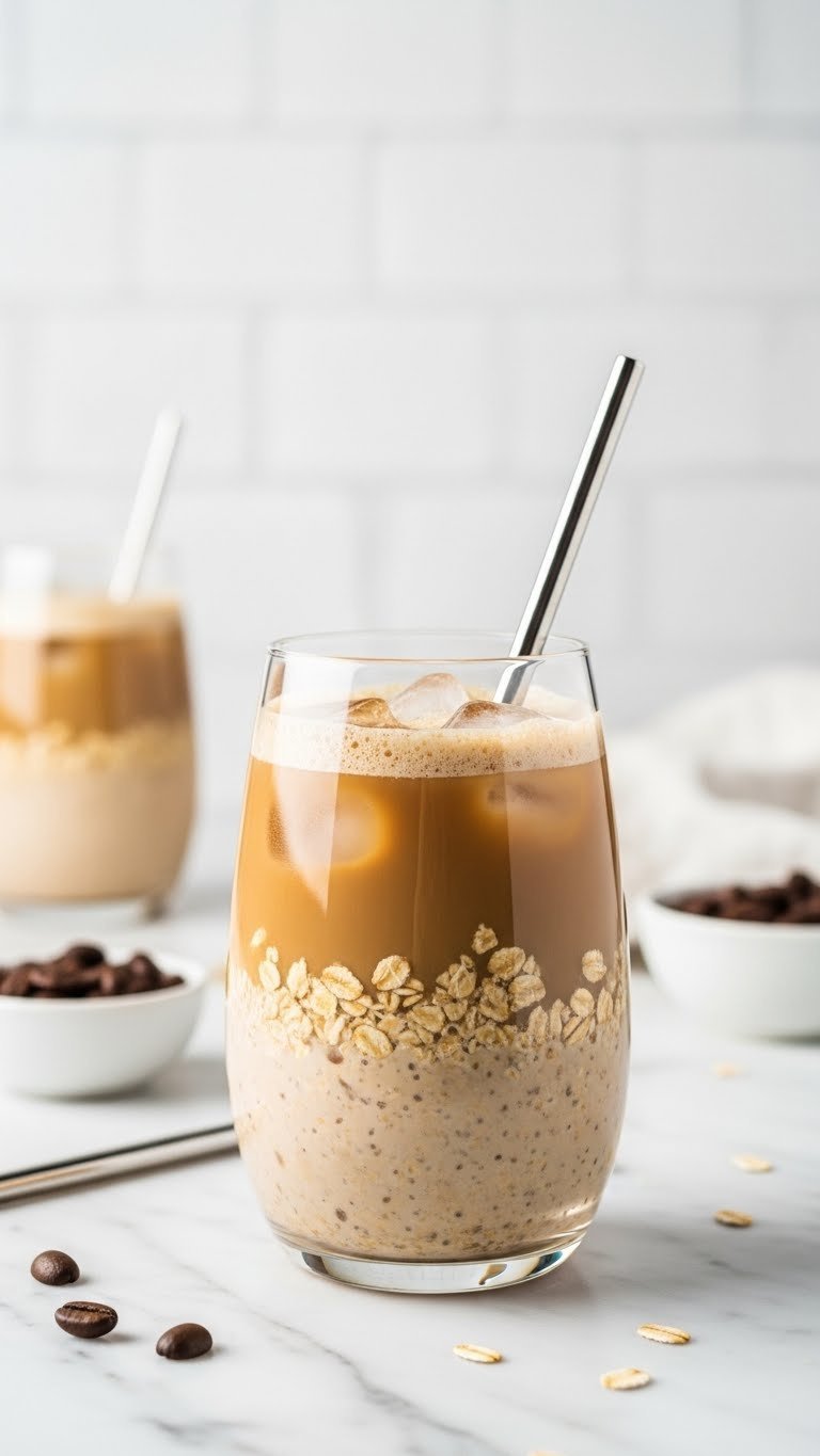 Refreshing Creamy Iced Latte Protein Overnight Oats in glass with straw. Chilled, visible layers, marble counter, bright.