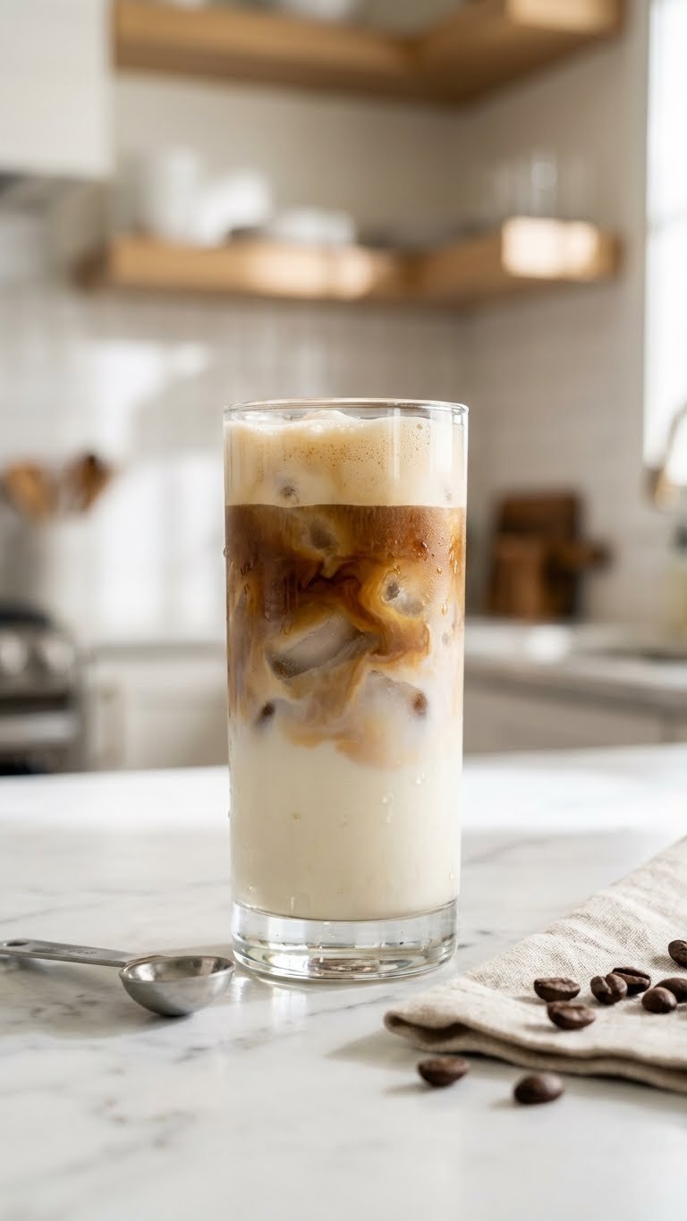 Refreshing Iced Vanilla Protein Latte, layered with creamy vanilla milk, Javy coffee, and ice on a marble kitchen counter.
