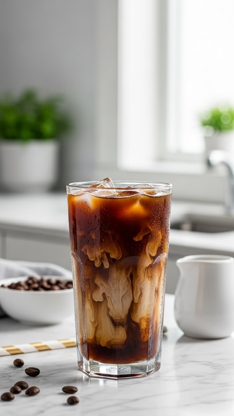 Refreshing cold brew protein coffee in a tall glass with ice, condensation, and creamy layers on a marble counter.