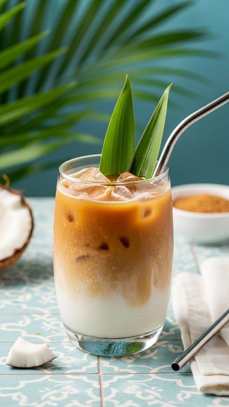Refreshing dairy-free coconut dream protein coffee with creamy white layer, ice, and toasted coconut on blue tile.