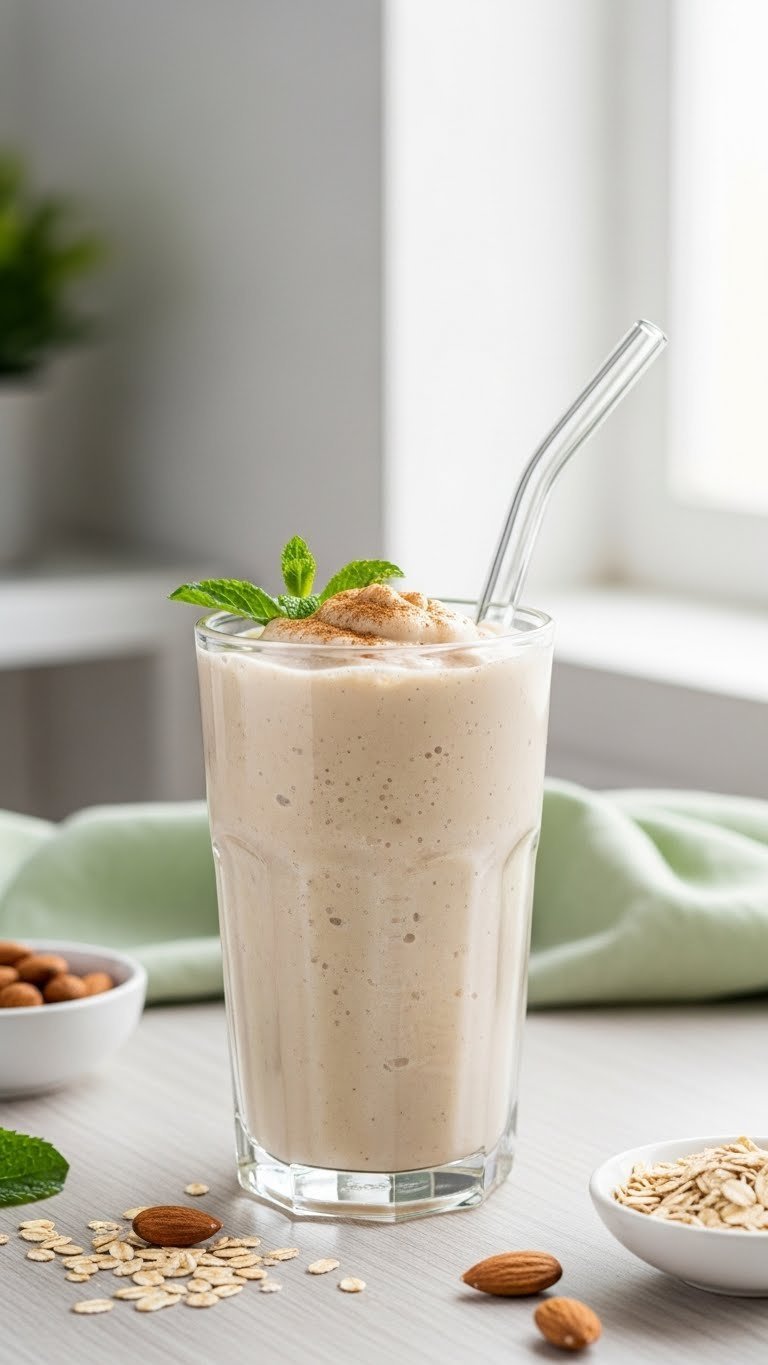 Refreshing dairy-free iced coffee garnished with mint leaf on light wooden table with oats and almonds.