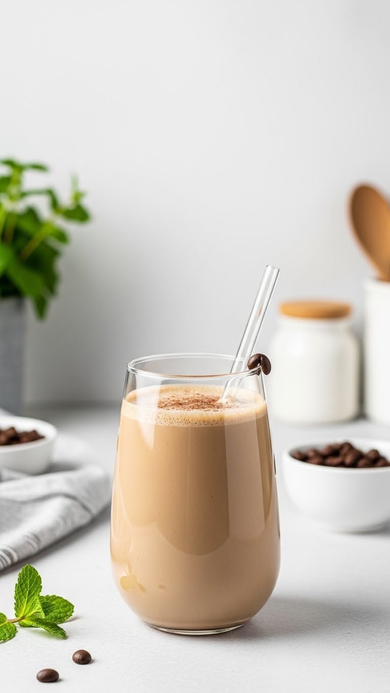 Refreshing dairy-free keto coffee protein smoothie in elegant tumbler with reusable straw on light ceramic surface